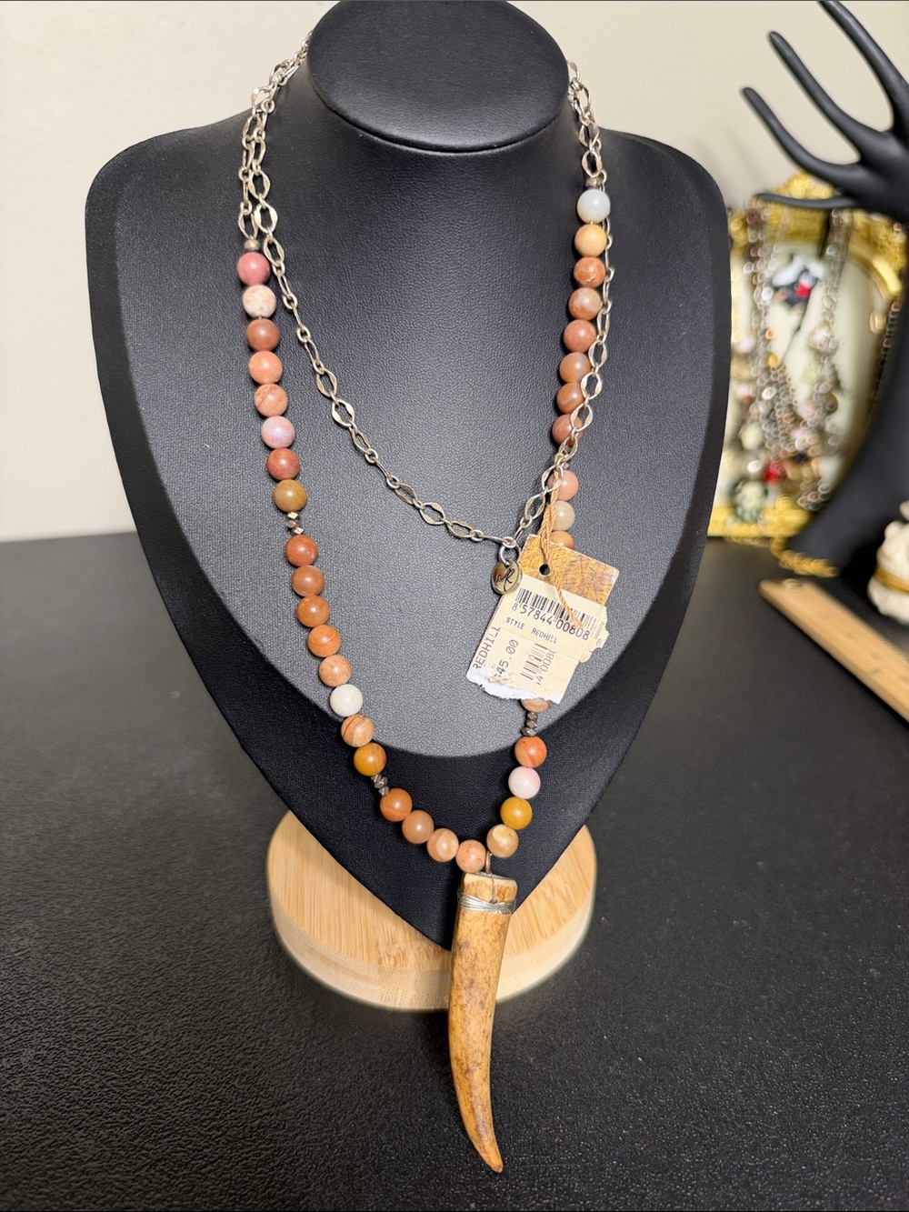 NWT Laminin Missy Robertson Boho Tan Peach Beaded Horn Pendant Necklace